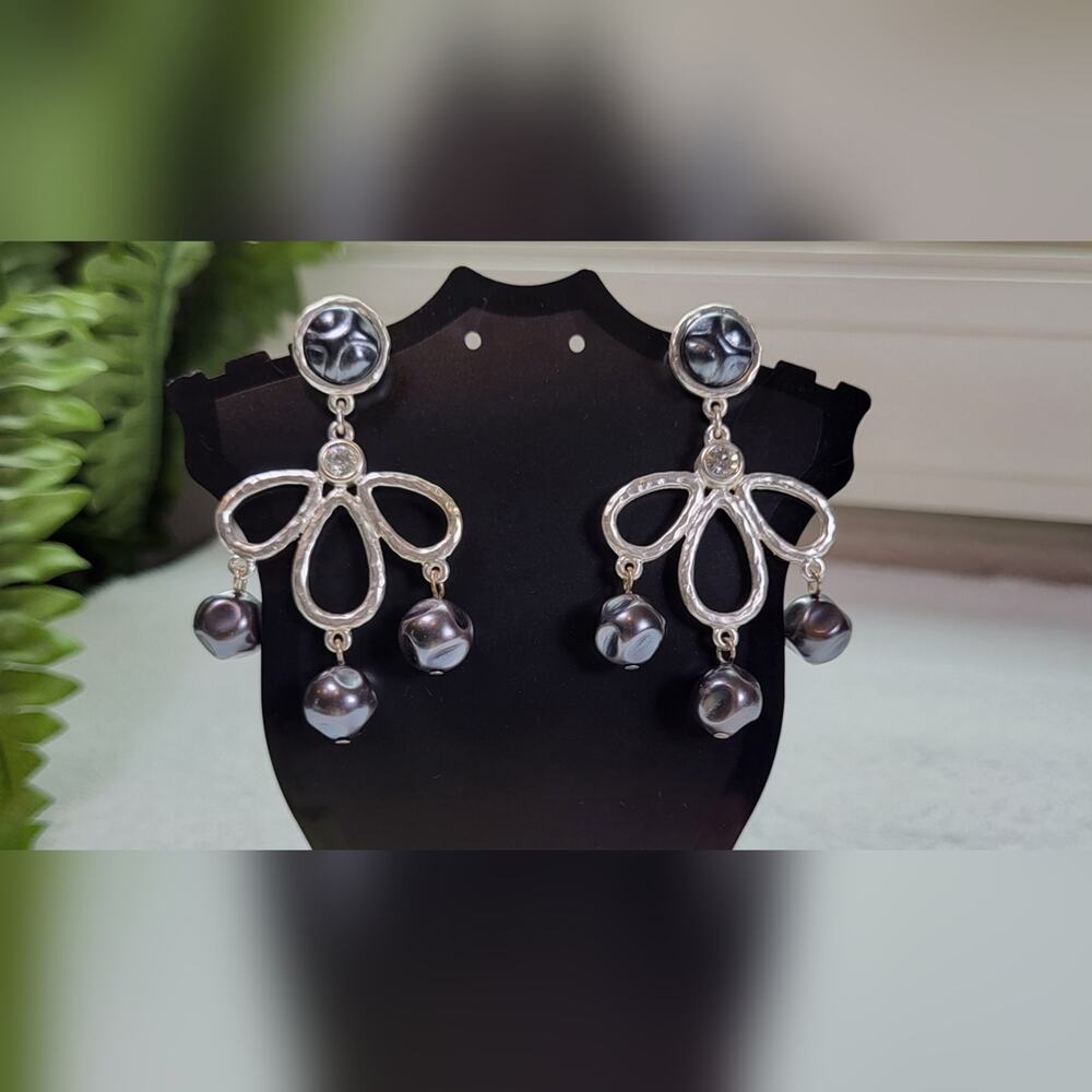 Slate Gray Beaded Silver Statement Dangle Earrings - Picture 2 of 9